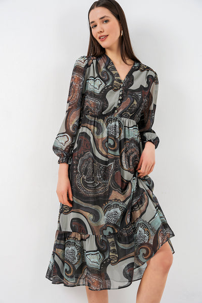 2137 Rochie din șifon cu model - C. Verde celadon