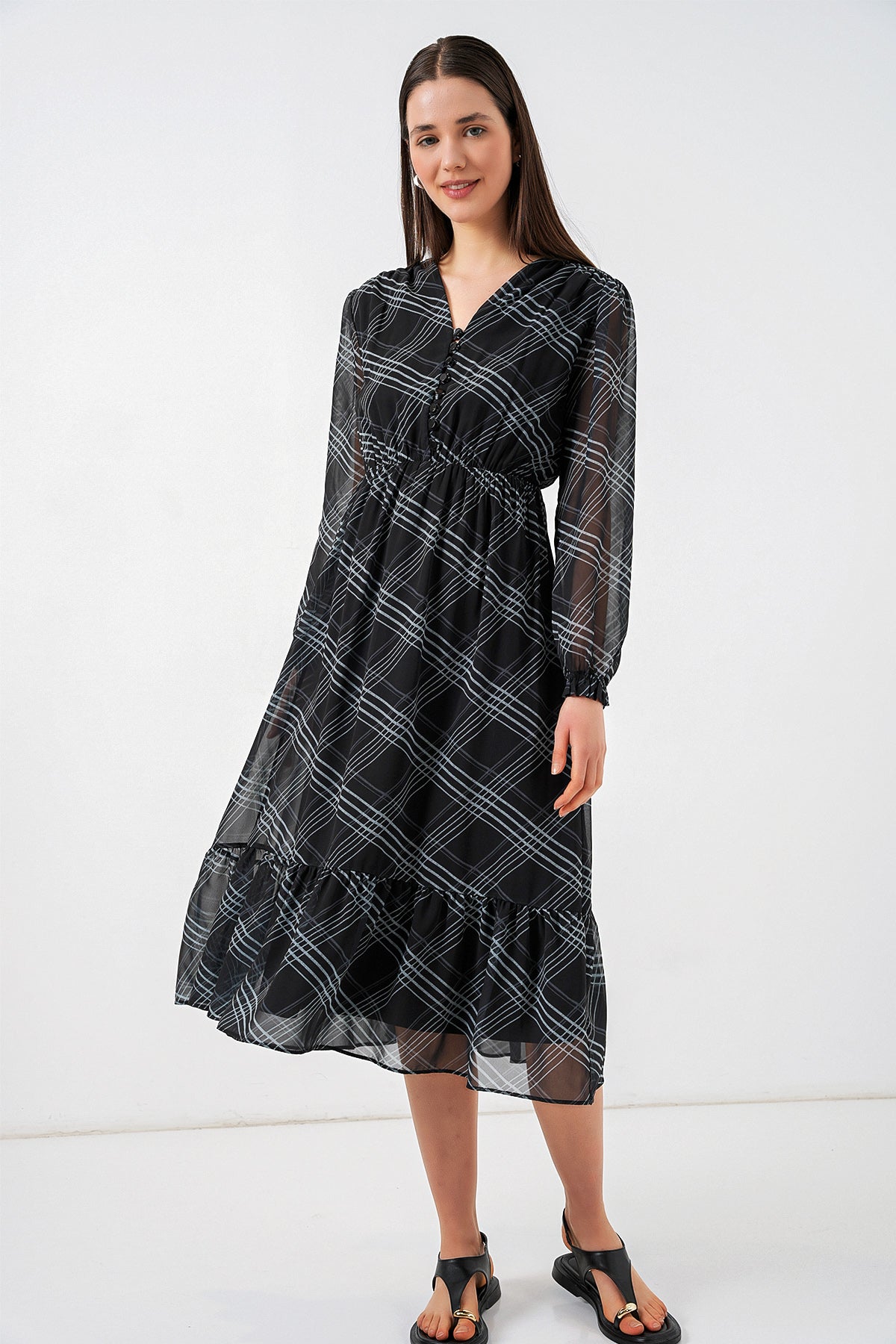 2137 Rochie Șifon cu Motiv - Gri Pal
