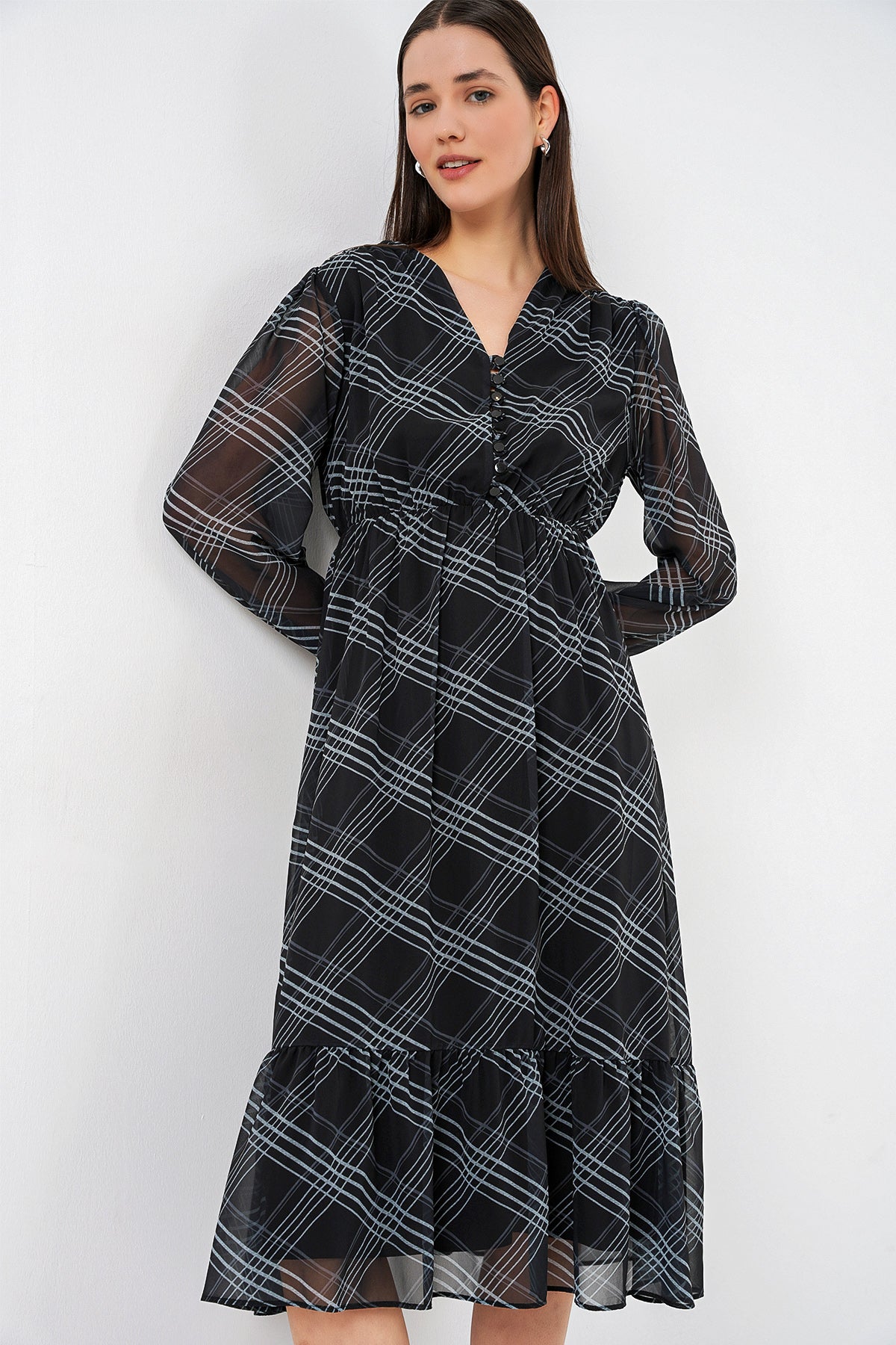 2137 Rochie Șifon cu Motiv - Gri Pal