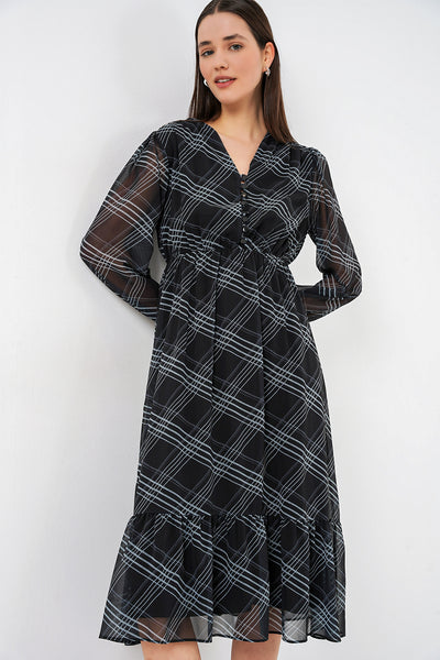 2137 Rochie Șifon cu Motiv - Gri Pal