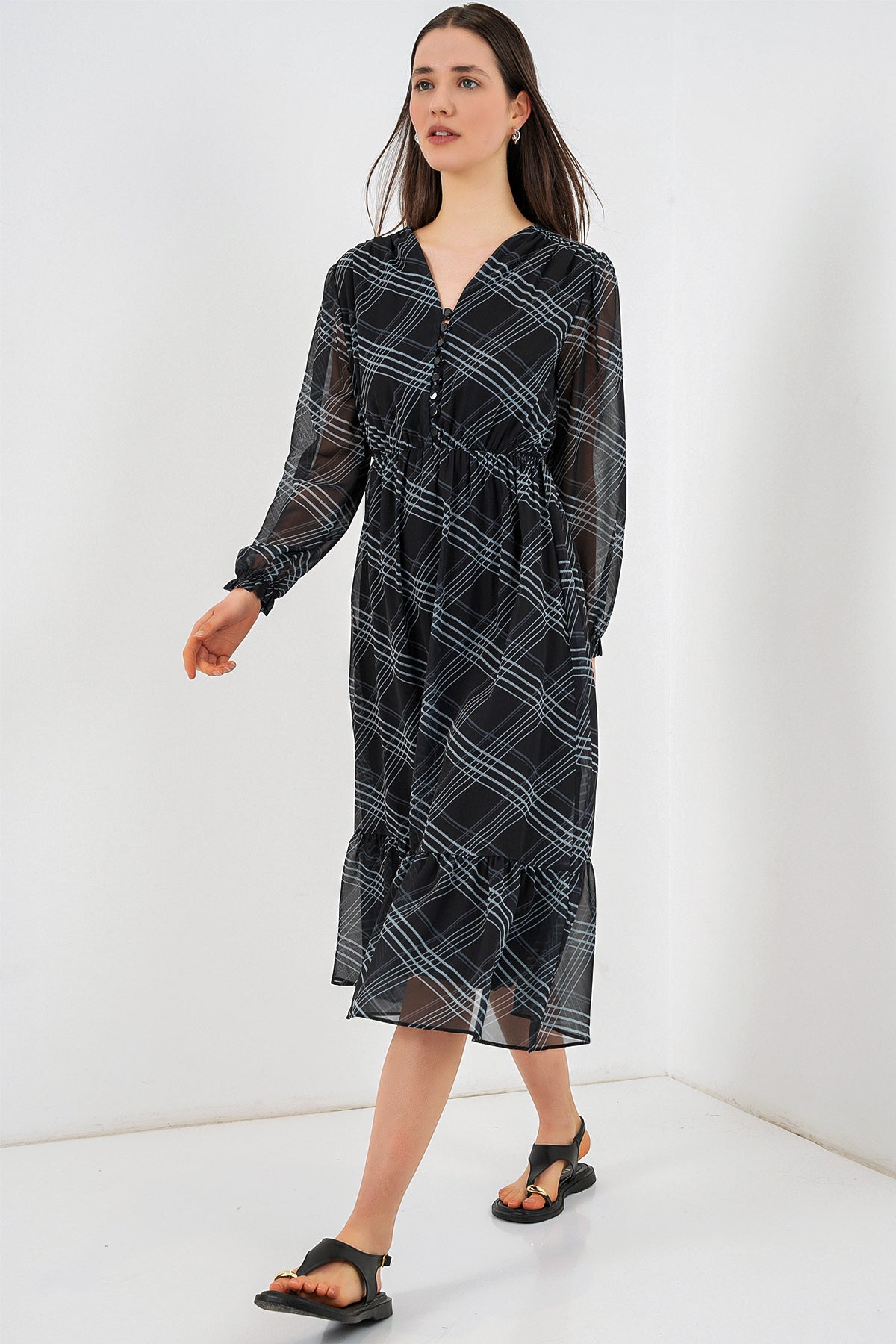 2137 Rochie Șifon cu Motiv - Gri Pal