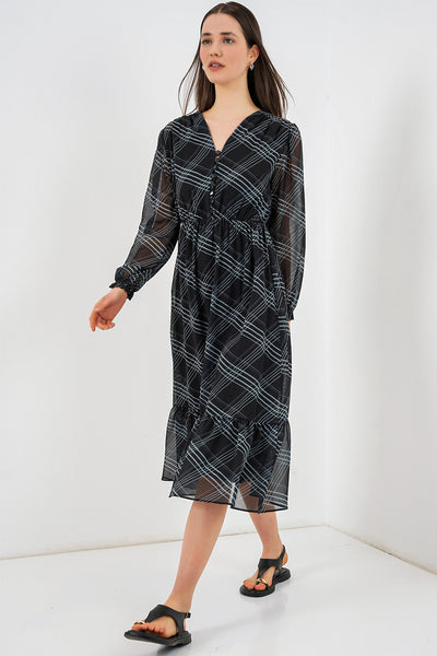 2137 Rochie Șifon cu Motiv - Gri Pal