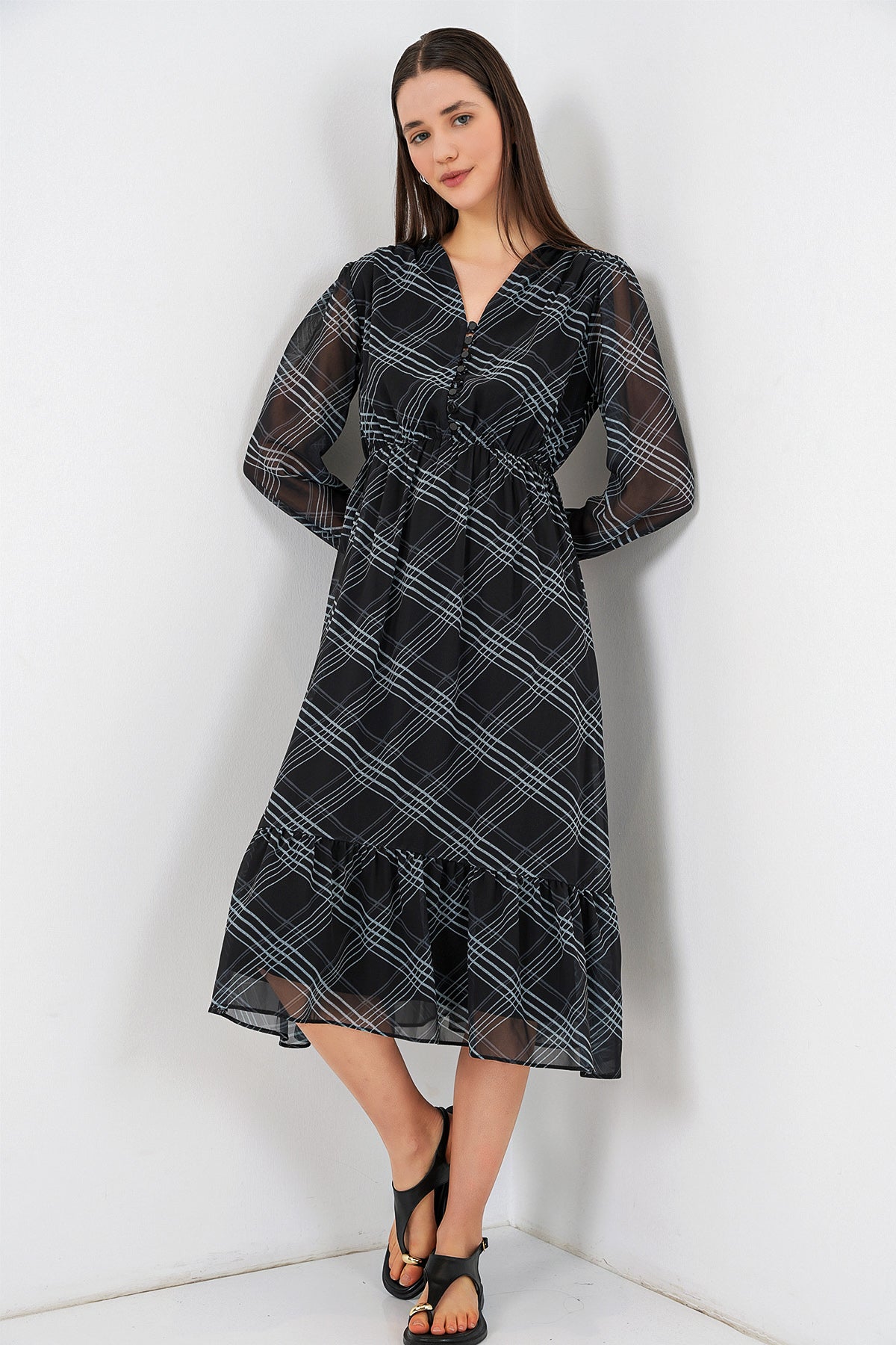2137 Rochie Șifon cu Motiv - Gri Pal