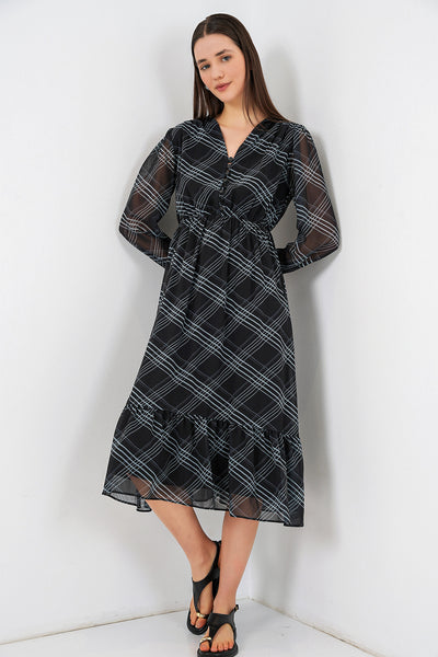 2137 Rochie Șifon cu Motiv - Gri Pal