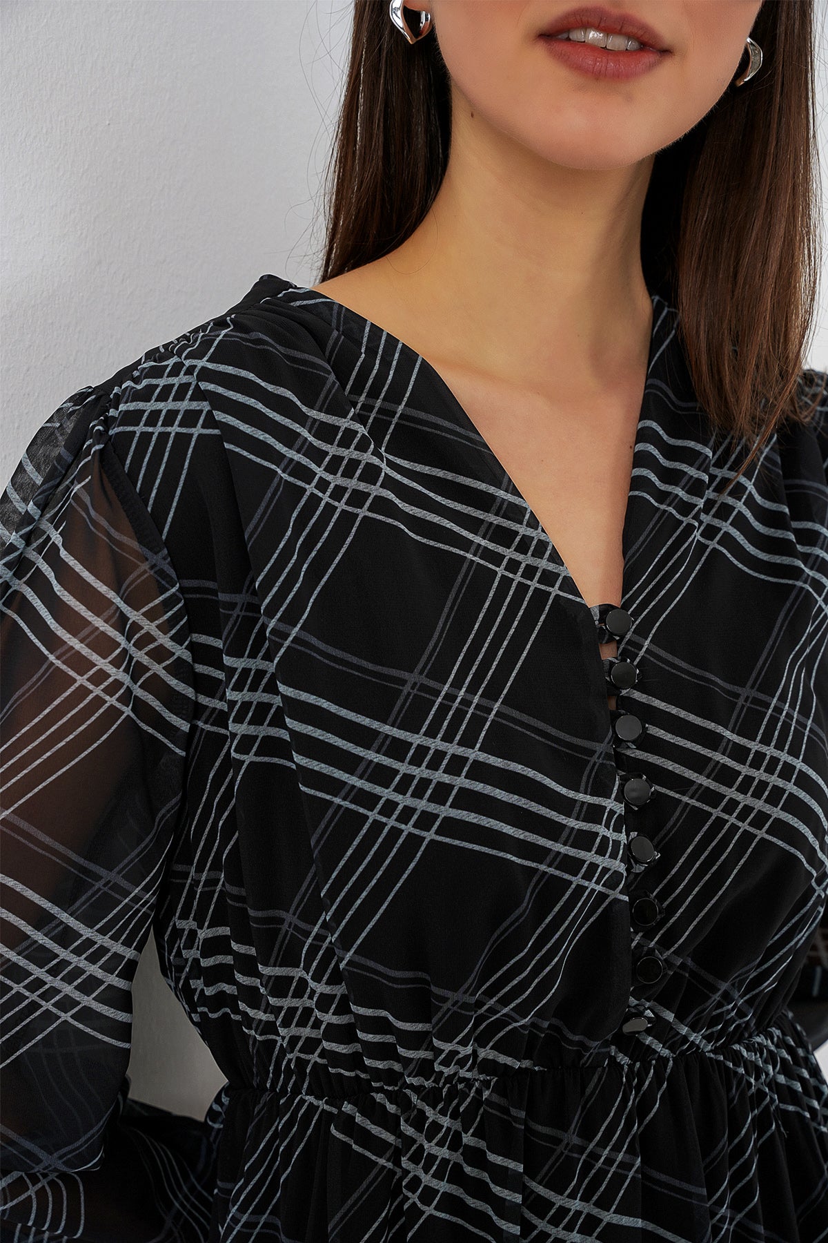 2137 Rochie Șifon cu Motiv - Gri Pal