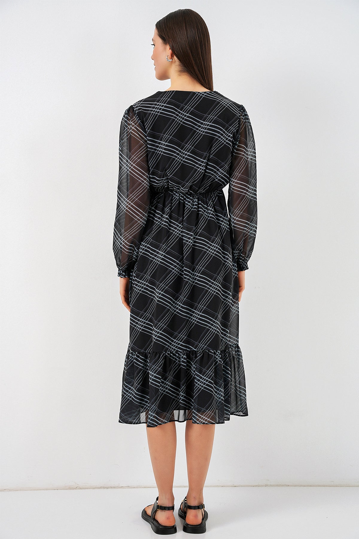 2137 Rochie Șifon cu Motiv - Gri Pal