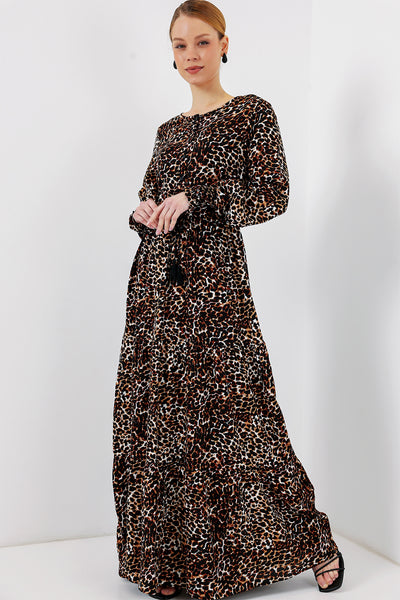 2145 Rochie de modestie cu model - Maro deschis