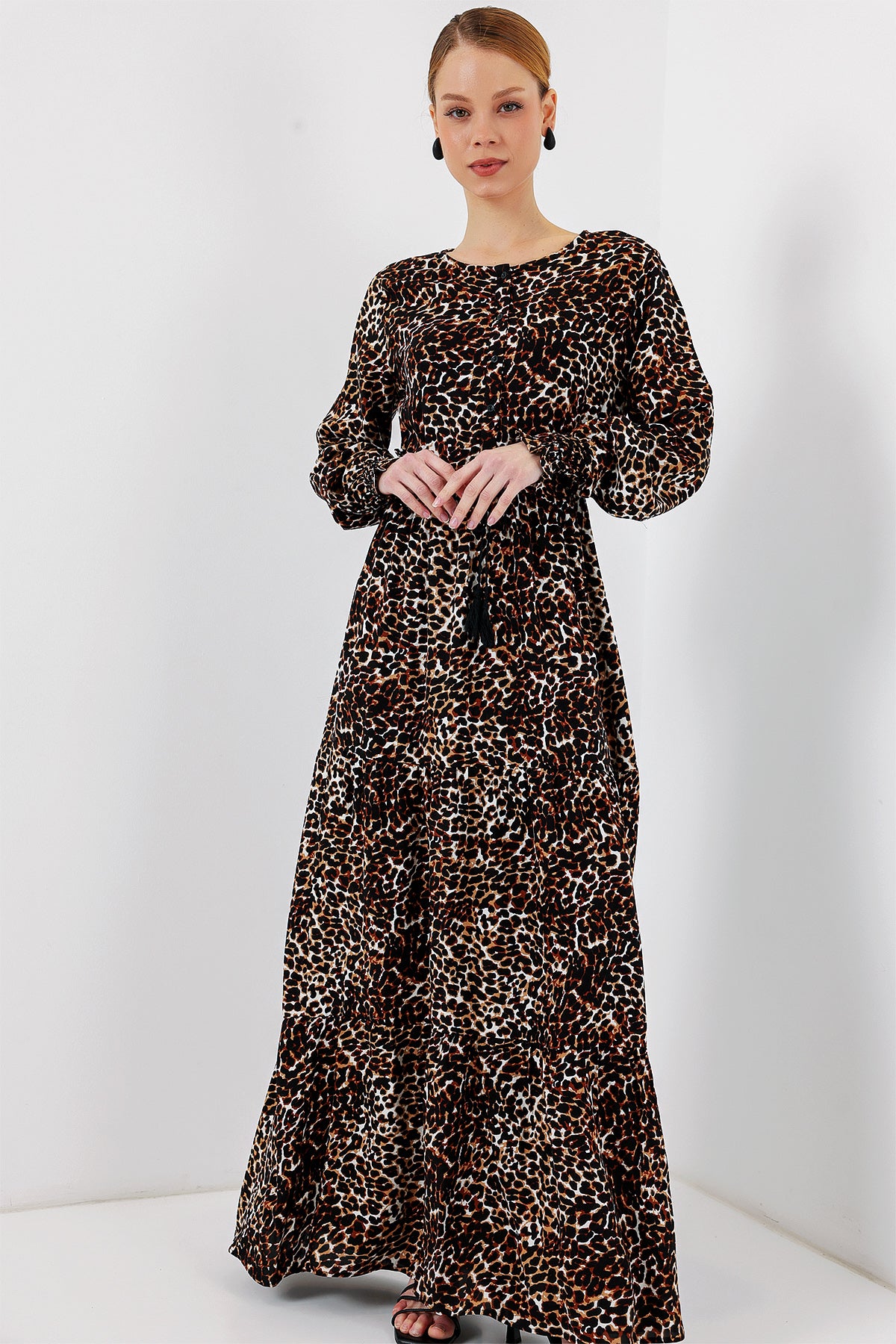 2145 Rochie de modestie cu model - Maro deschis