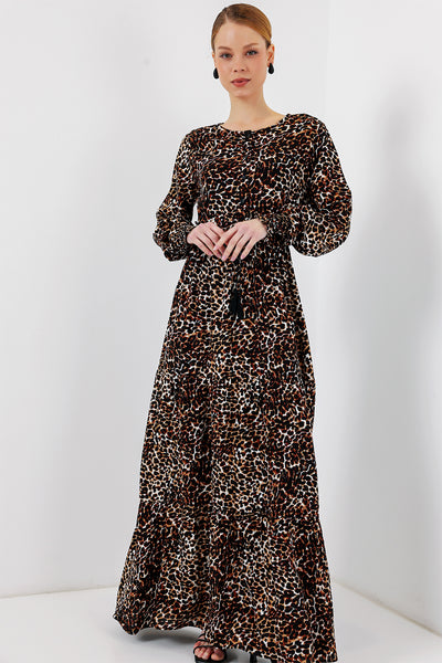 2145 Rochie de modestie cu model - Maro deschis