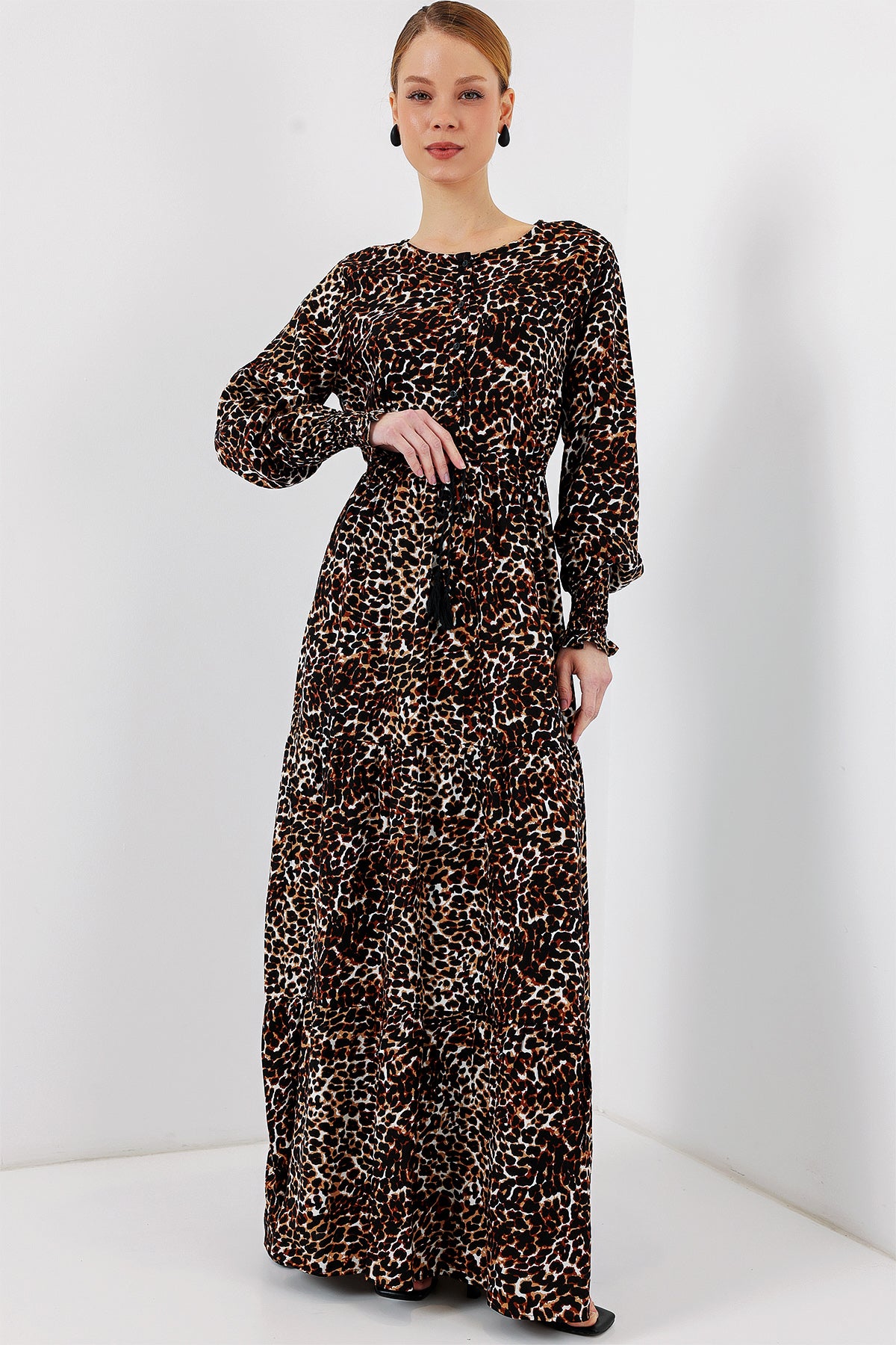 2145 Rochie de modestie cu model - Maro deschis