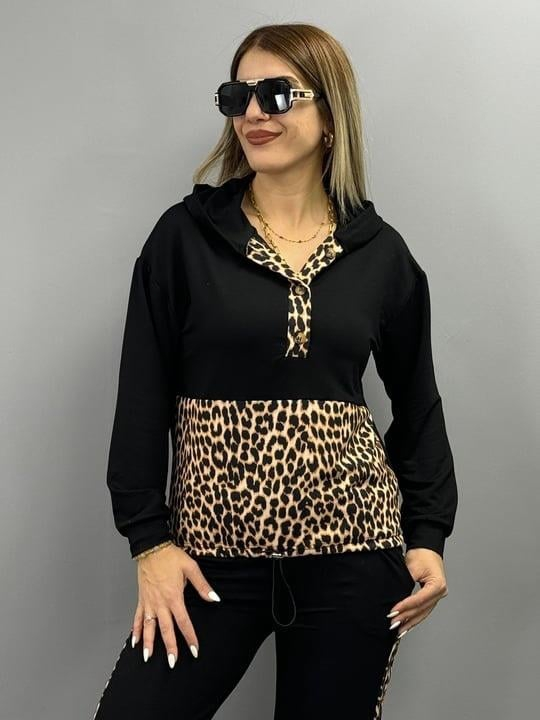 Kadın Uzun Kollu Kapüşonlu Leopar Desen Detaylı Viskon Iki İplik Bluz Ve Pantolon Ikili Takım