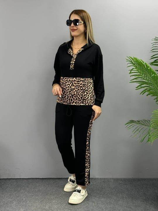 Kadın Uzun Kollu Kapüşonlu Leopar Desen Detaylı Viskon Iki İplik Bluz Ve Pantolon Ikili Takım