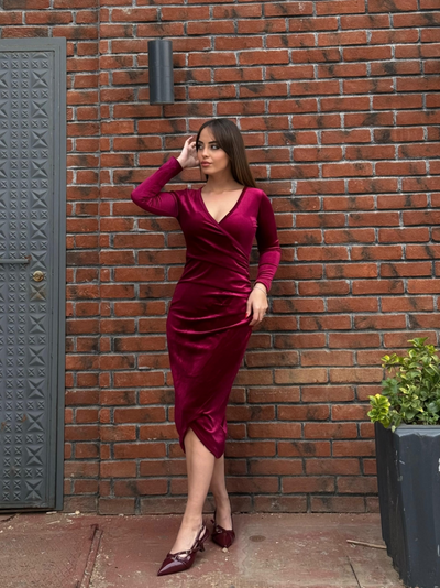 Rochie din velur midi cu guler încrucișat, mâneci lungi și fronseu la talie, pentru femei, 27721