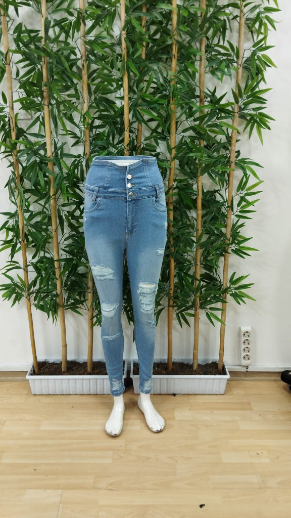 Women's High Waist Button-Front Distressed Denim Pants, 27090
