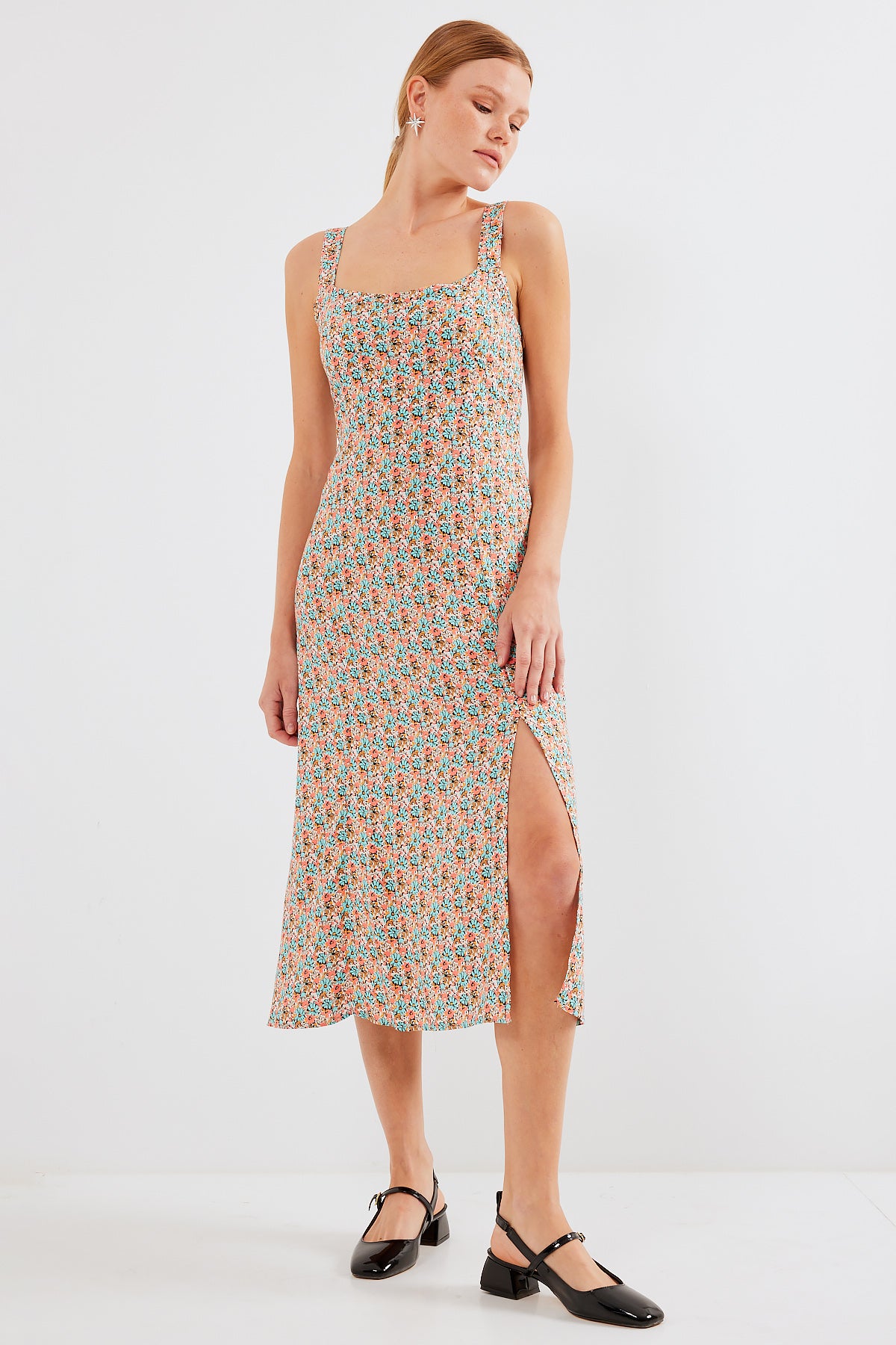 2282 Rochie Viscoză cu Bretele și Tăieturi - Multicolor