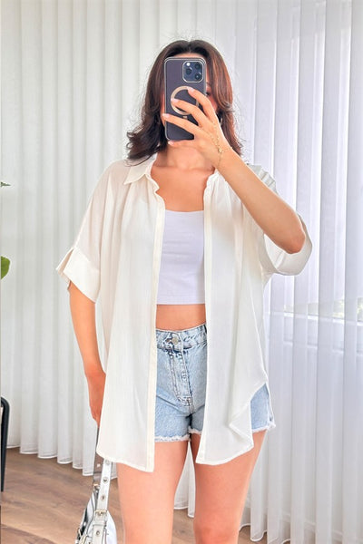 Bluza Kimono de Toptan Ecru Basic cu Mânecă Scurtă
