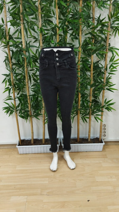 Pantaloni din denim pentru femei, cu talie înaltă, închiși cu nasturi în față și buzunare, 27092