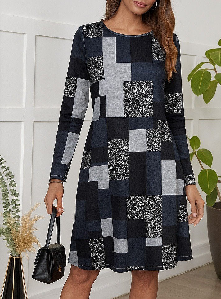 Rochie de damă lungă din tricot subțire cu mânecă lungă, decolteu rotund, cu imprimeu geometric, 28730