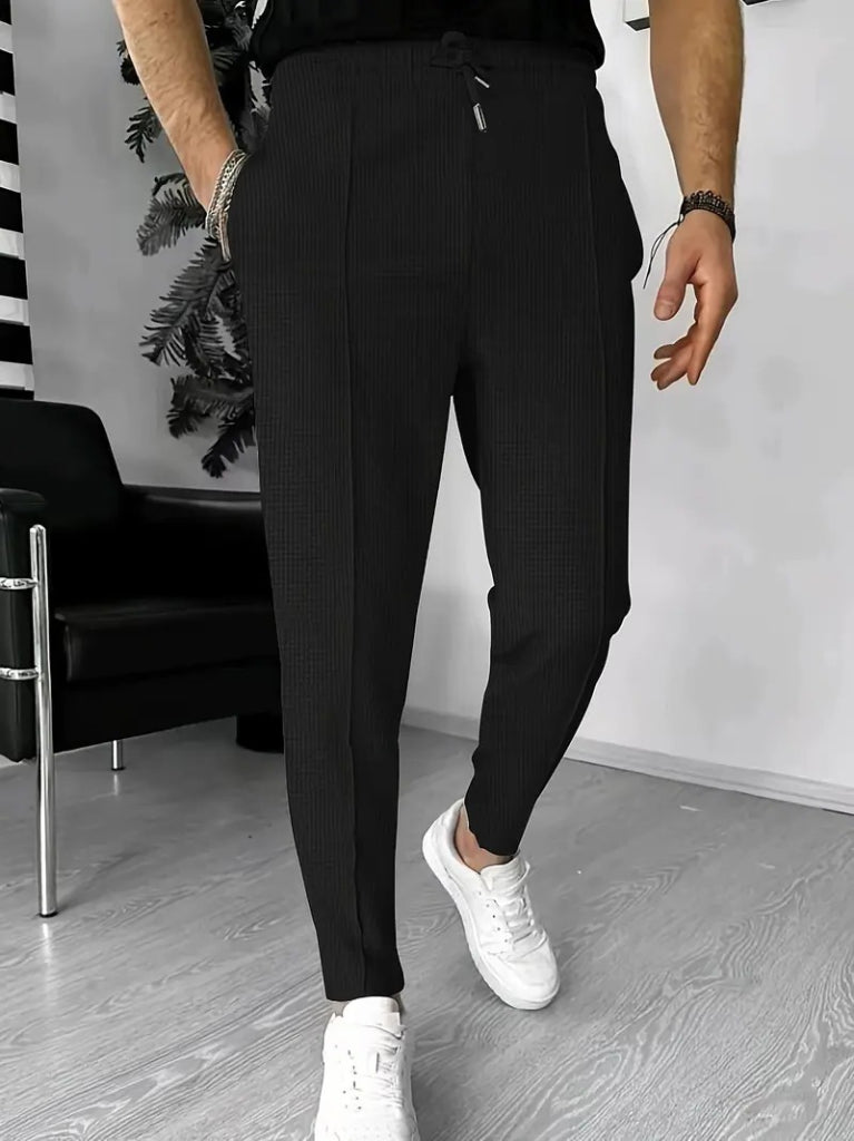 Pantaloni tip waffle pentru bărbați, cu talie înaltă și buzunare frontale cu șnur, 23390