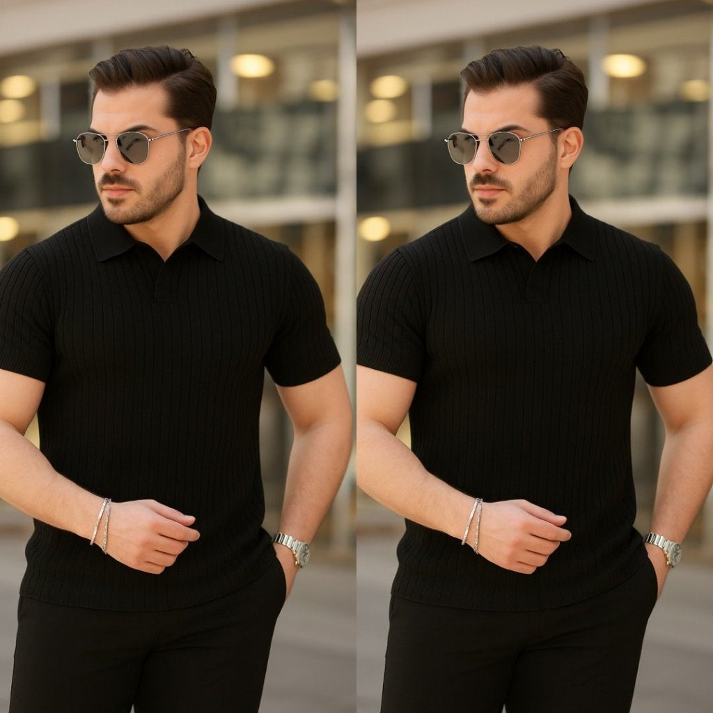 Erkek Kısa Kollu Yakalı çizgi Desenli Triko Bluz , 27012