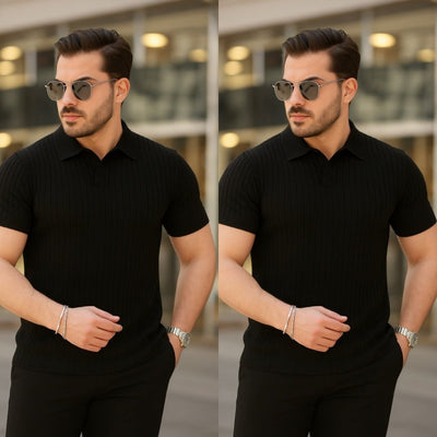 Erkek Kısa Kollu Yakalı çizgi Desenli Triko Bluz , 27012