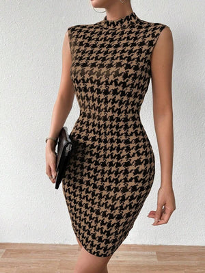 Rochie scurtă de damă cu guler înalt, fără mâneci, model scuba, 23495