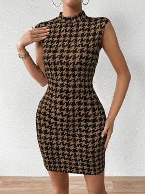 Rochie scurtă de damă cu guler înalt, fără mâneci, model scuba, 23495