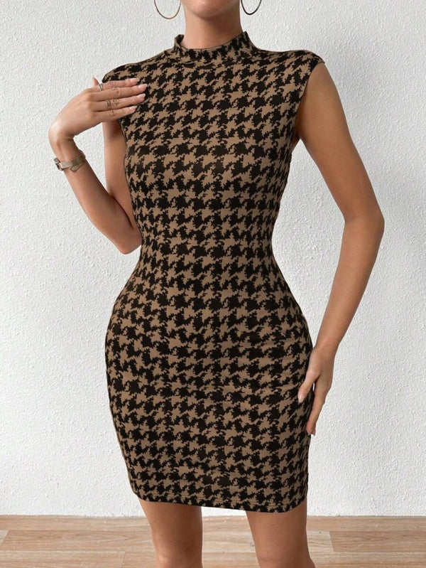 Rochie scurtă de damă cu guler înalt, fără mâneci, model scuba, 23495