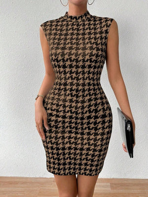 Rochie scurtă de damă cu guler înalt, fără mâneci, model scuba, 23495