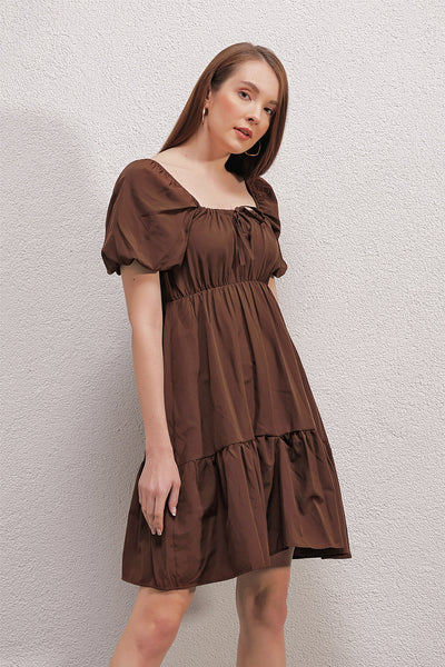 2351 Kloş Poplin Elbise - Kahverengi