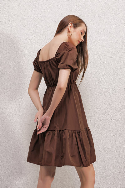2351 Kloş Poplin Elbise - Kahverengi