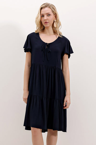 2352 Rochie scurtă cu guler V - Albastru închis
