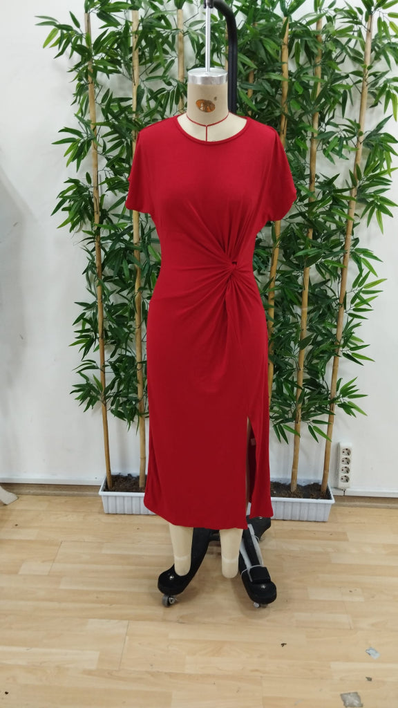 Rochie midi din viscoză, cu mânecă scurtă și guler rotund, cu crăpături laterale, pentru femei, 33900