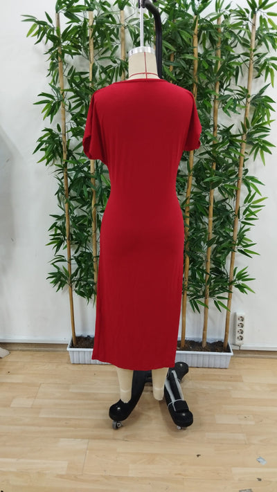 Rochie midi din viscoză, cu mânecă scurtă și guler rotund, cu crăpături laterale, pentru femei, 33900