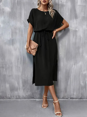 Rochie de damă din viscoză cu mânecă scurtă, decolteu deschis, cu nod în talie, crăpături, 23590