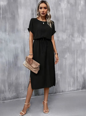 Rochie de damă din viscoză cu mânecă scurtă, decolteu deschis, cu nod în talie, crăpături, 23590