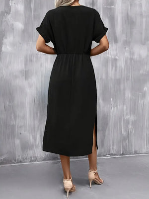 Rochie de damă din viscoză cu mânecă scurtă, decolteu deschis, cu nod în talie, crăpături, 23590