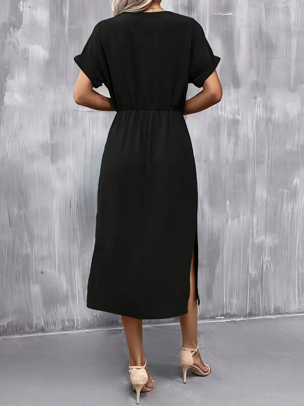 Rochie de damă din viscoză cu mânecă scurtă, decolteu deschis, cu nod în talie, crăpături, 23590