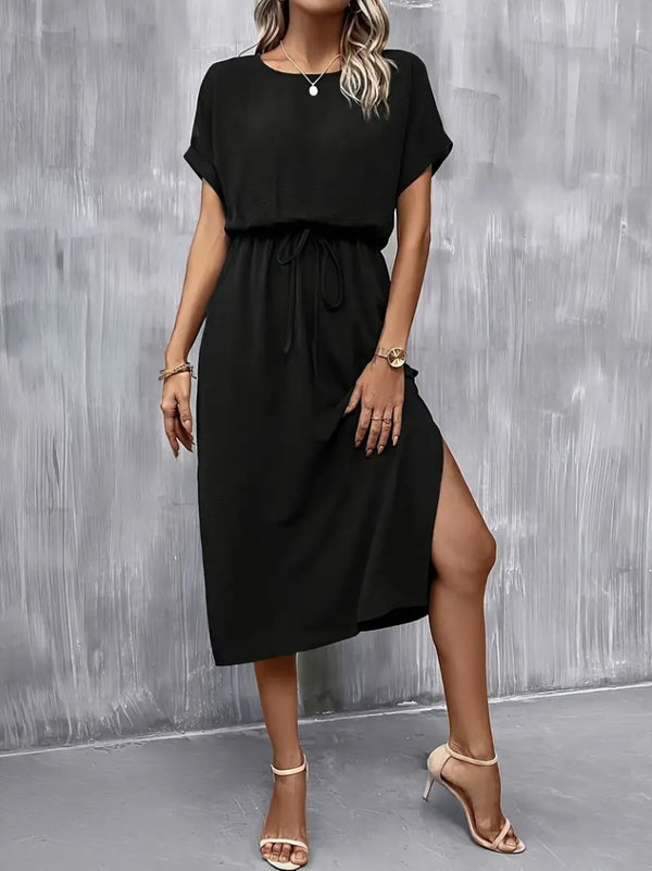 Rochie de damă din viscoză cu mânecă scurtă, decolteu deschis, cu nod în talie, crăpături, 23590
