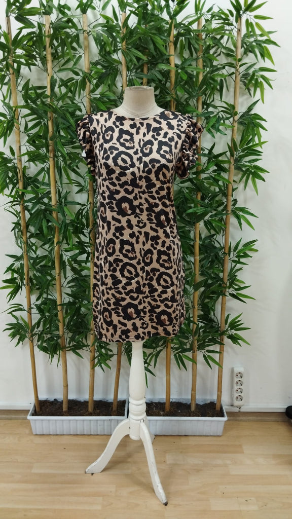 Kadın Kısa Kollu Kolları Fırfır Detay Arkası Bağlamalı Leopar Desen Kolsuz Mini Mikro Elbise, 34291