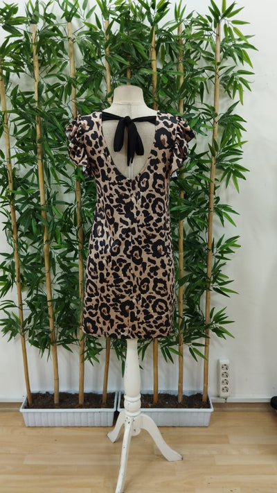 Kadın Kısa Kollu Kolları Fırfır Detay Arkası Bağlamalı Leopar Desen Kolsuz Mini Mikro Elbise, 34291