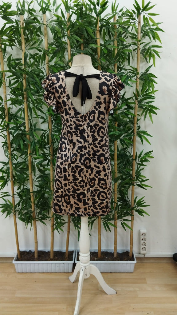 Kadın Kısa Kollu Kolları Fırfır Detay Arkası Bağlamalı Leopar Desen Kolsuz Mini Mikro Elbise, 34291