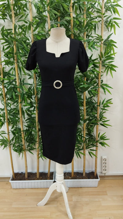 Rochie de damă din crep importat, cu mânecă scurtă, decolteu deschis și detaliu inelar în față, 23643
