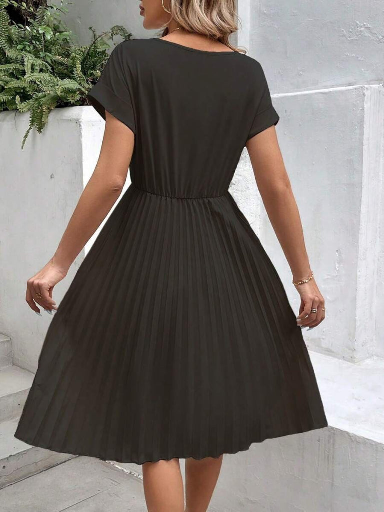 Rochie scurtă din crep importat, cu mânecă scurtă, decolteu deschis, talie elastică, plisată, pentru femei, 31206