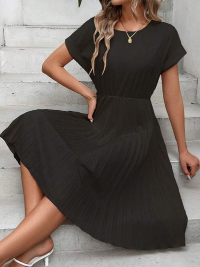 Rochie scurtă din crep importat, cu mânecă scurtă, decolteu deschis, talie elastică, plisată, pentru femei, 31206