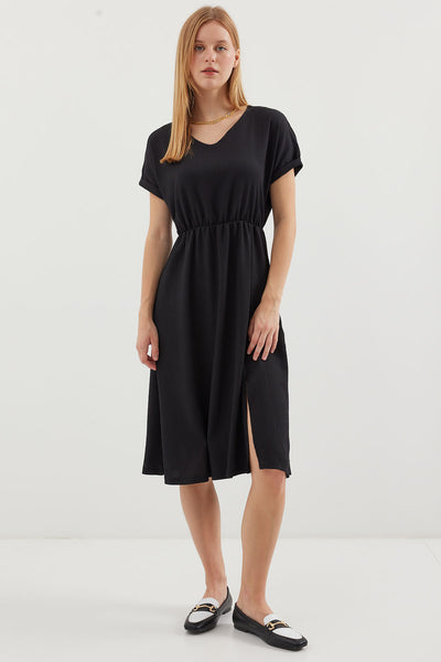 2378 Rochie Tricot Guler V Pense - Negru