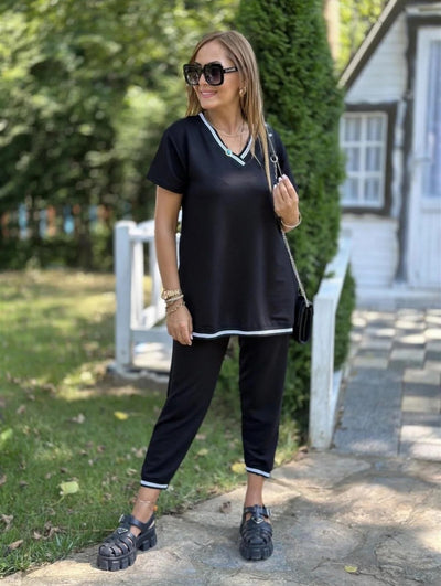 Kadın Kısa Kollu V Yakalı Iki Iplik Bluz Ve Pantolon Ikili Takım, 35789