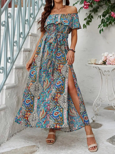 Women's Short Sleeve Madonna Neck Ruffled Waist Slit Maxi Supreme Dress, 34685