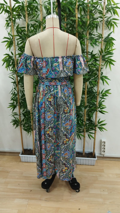 Women's Short Sleeve Madonna Neck Ruffled Waist Slit Maxi Supreme Dress, 34685