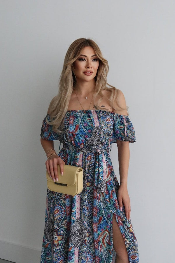 Rochie maxi Supreme pentru femei, cu mânecă scurtă, decolteu Madonna, cu volane și crăpătură în talie, 34685